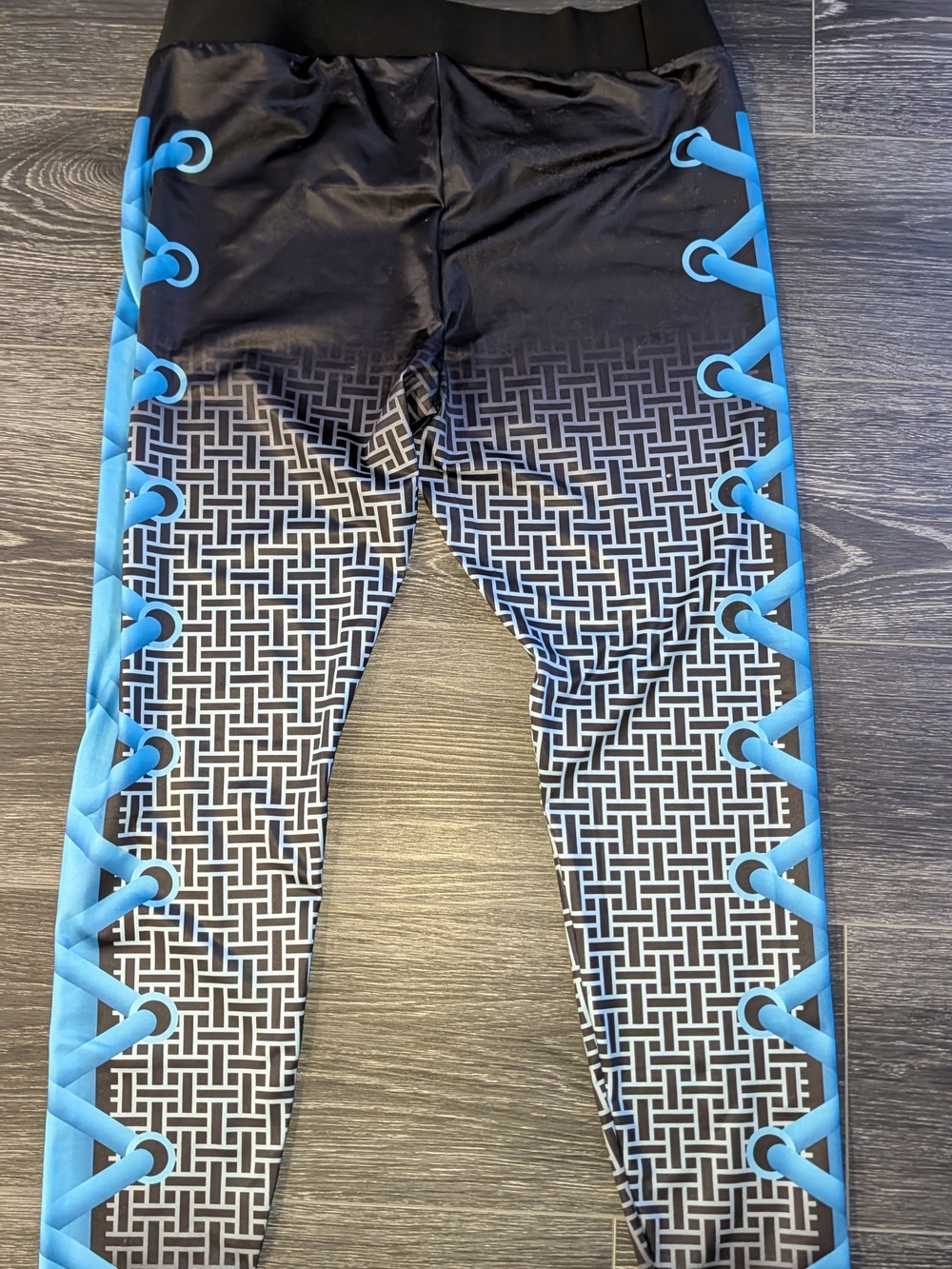 Women's Black Leggings with Bright Blue Lace-Effect Sides